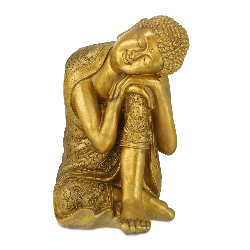 Statue Bouddha jardin décoration ambiance zen feng shui 50 x 30 x 20 cm en polyrésine doré 13_0010577