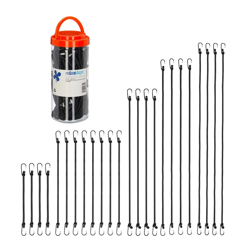 Lot de 24 tendeurs élastiques noir 5 tailles fixations pratiques pour route et camping en caoutchouc noir 13_0013053