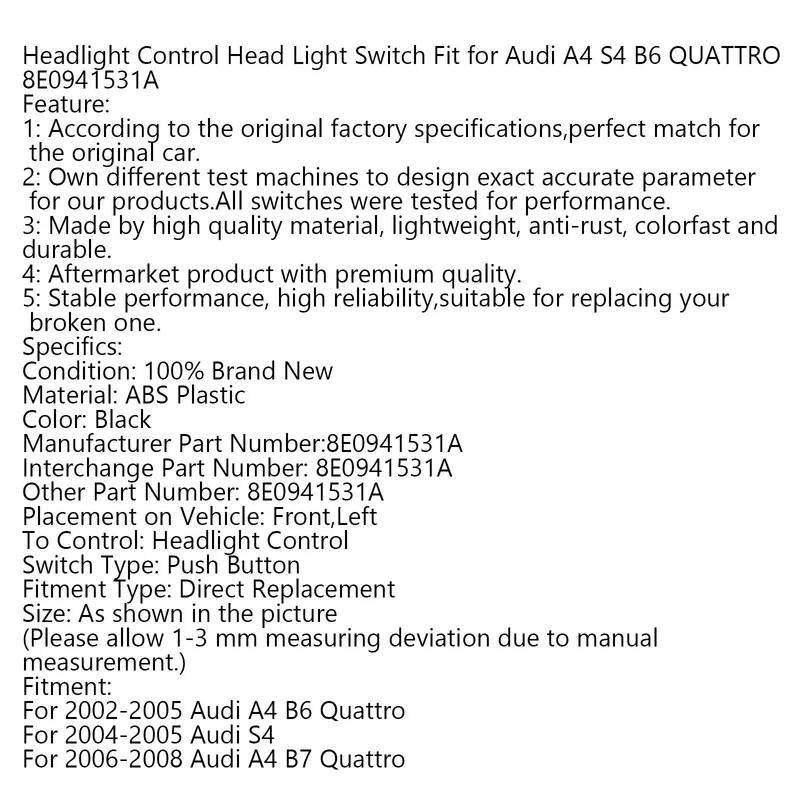 Interrupteur Phare Audi A4 S4 B6 QUATTRO 8E0941531A