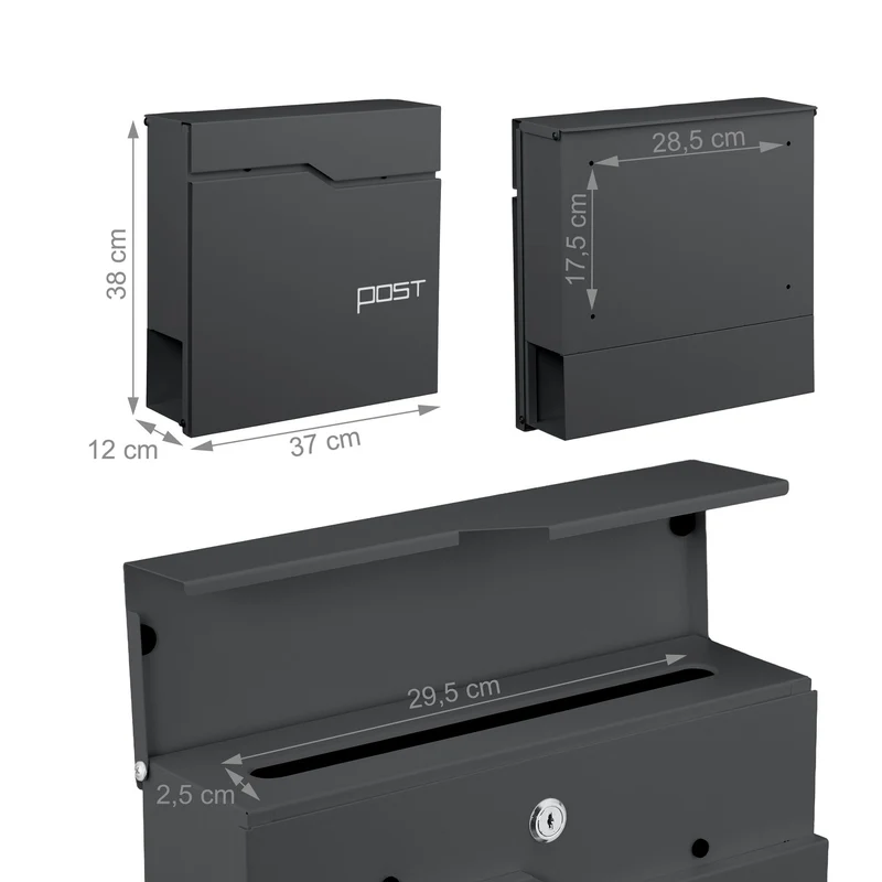Boîte aux lettres murale moderne pratique 38 x 37 x 12 cm avec porte-journaux en métal noir 13_0017441