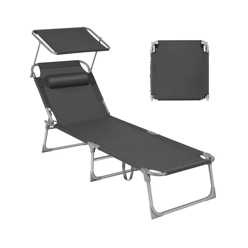 Chaise longue bain de soleil transat de relaxation avec dossiers et parasol inclinables pliable léger 55 x 193 x 31 cm charge 150 kg pour jardin gris 12_0004949