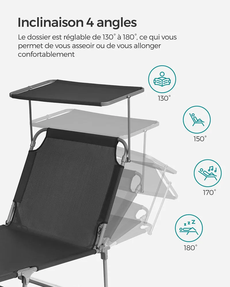 Chaise longue bain de soleil transat de relaxation avec dossiers et parasol inclinables pliable léger 55 x 193 x 31 cm charge 150 kg pour jardin gris 12_0004949