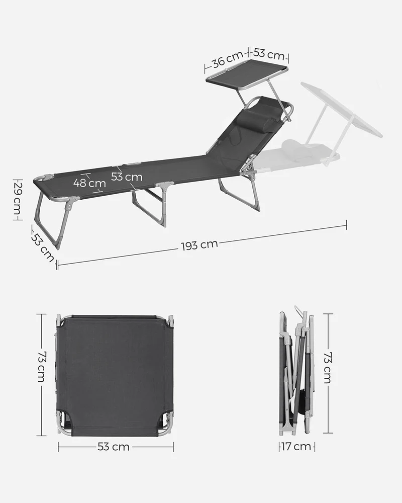 Chaise longue bain de soleil transat de relaxation avec dossiers et parasol inclinables pliable léger 55 x 193 x 31 cm charge 150 kg pour jardin gris 12_0004949