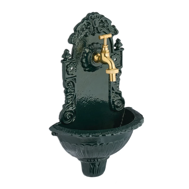 Fontaine murale décorative vintage jardin terrasse 80 x 40 x 30 cm avec robinet pratique en fonte d'aluminium verte 13_0015702