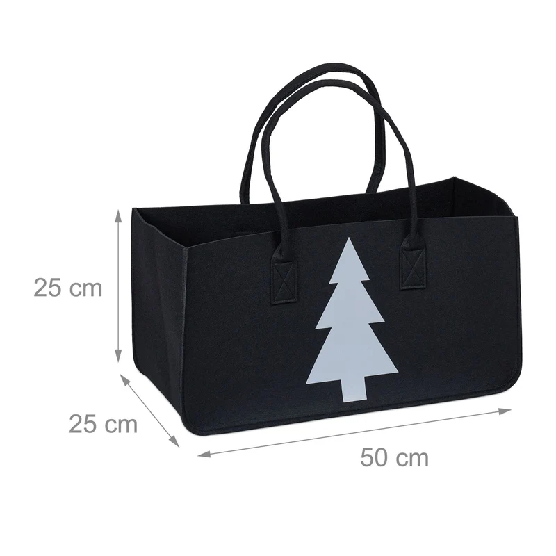 Panier à bûches de rangement pratique avec motif sapin 50 x 40 x 40 cm en feutre noir 13_0014107