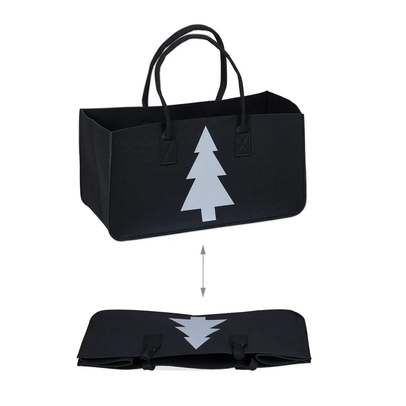 Panier à bûches de rangement pratique avec motif sapin 50 x 40 x 40 cm en feutre noir 13_0014107