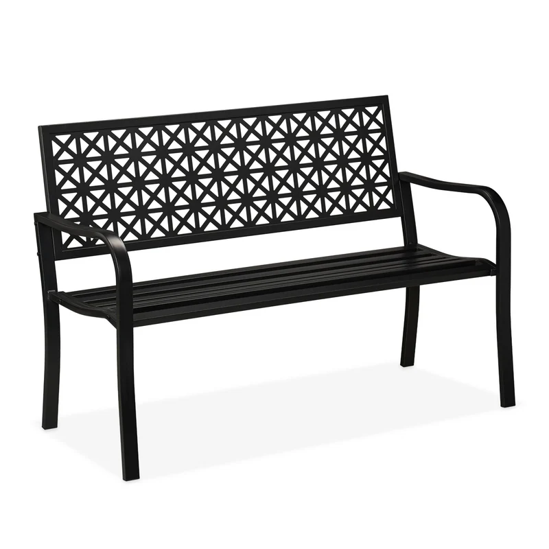 Banc de jardin confortable 120 x 48 x 45 cm pour 2 personnes design géométrique extérieur en acier noir 13_0016733