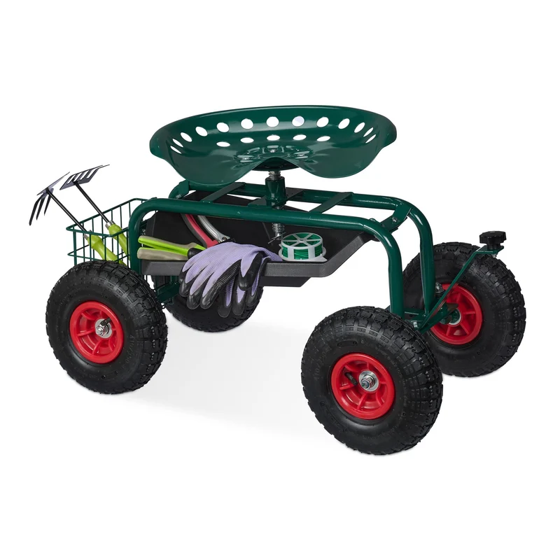 Siège roulant de jardin ergonomique ajustable 47 x 45 x 87 cm rangement outils pratique en acier vert 13_0016015