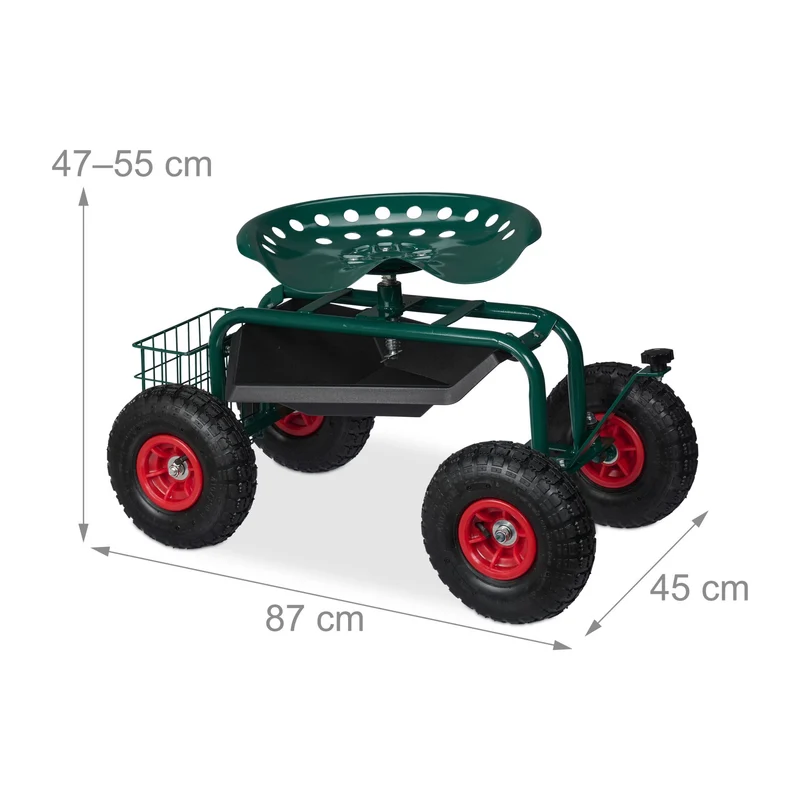 Siège roulant de jardin ergonomique ajustable 47 x 45 x 87 cm rangement outils pratique en acier vert 13_0016015