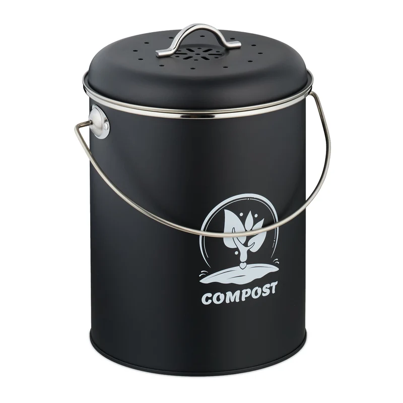 Seau à compost 5,5 litres facile à transporter entretien rapide design rustique 27 x 22 x 19 cm en fer noir 13_0017219