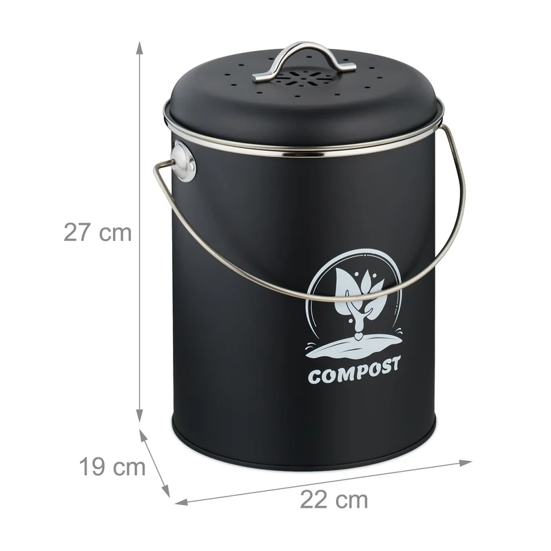 Seau à compost 5,5 litres facile à transporter entretien rapide design rustique 27 x 22 x 19 cm en fer noir 13_0017219