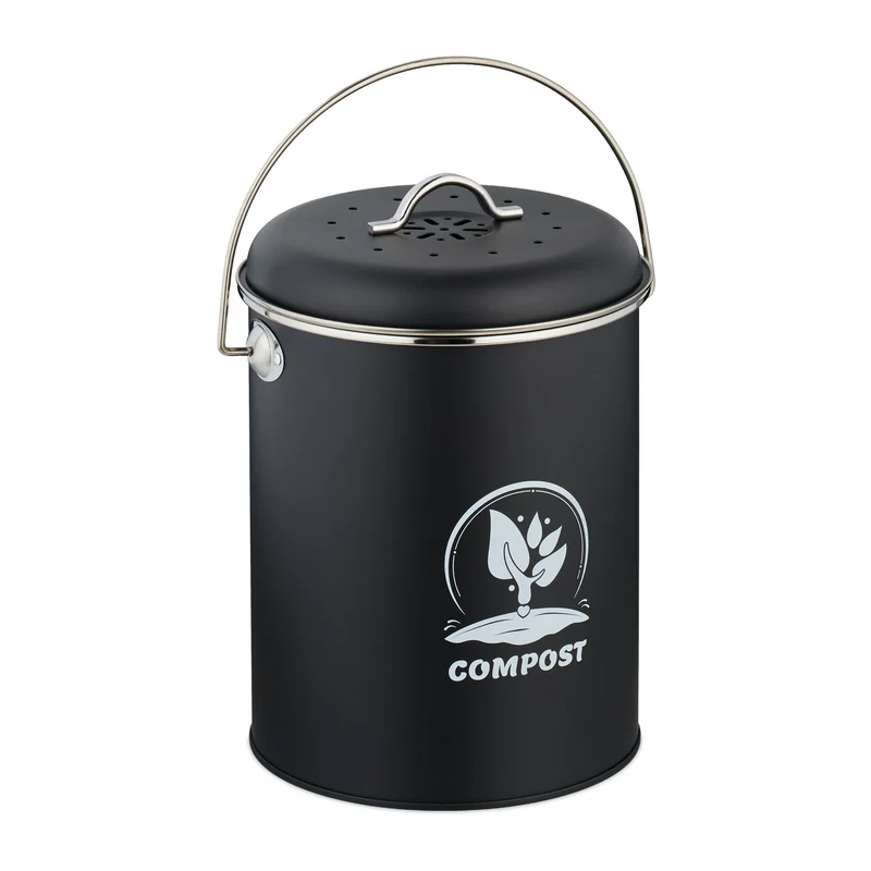 Seau à compost 5,5 litres facile à transporter entretien rapide design rustique 27 x 22 x 19 cm en fer noir 13_0017219