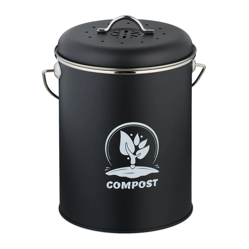 Seau à compost 5,5 litres facile à transporter entretien rapide design rustique 27 x 22 x 19 cm en fer noir 13_0017219