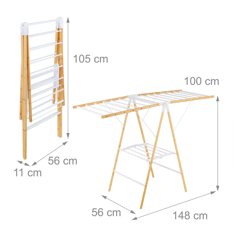 Étendoir à linge pliable spacieux 100 x 148 x 56 cm pour aérer vêtements 2 étages en bambou naturel 13_0017651