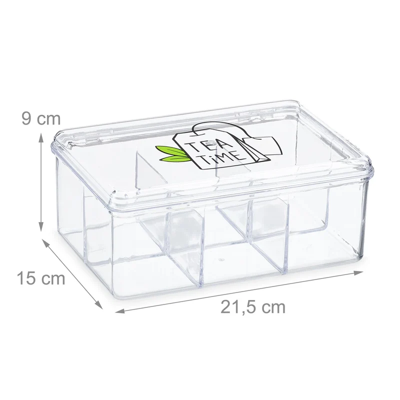 Boîte à thé transparente organiseur 6 compartiments design pratique 30 x 10 x 10 cm en plastique transparent 13_0013226
