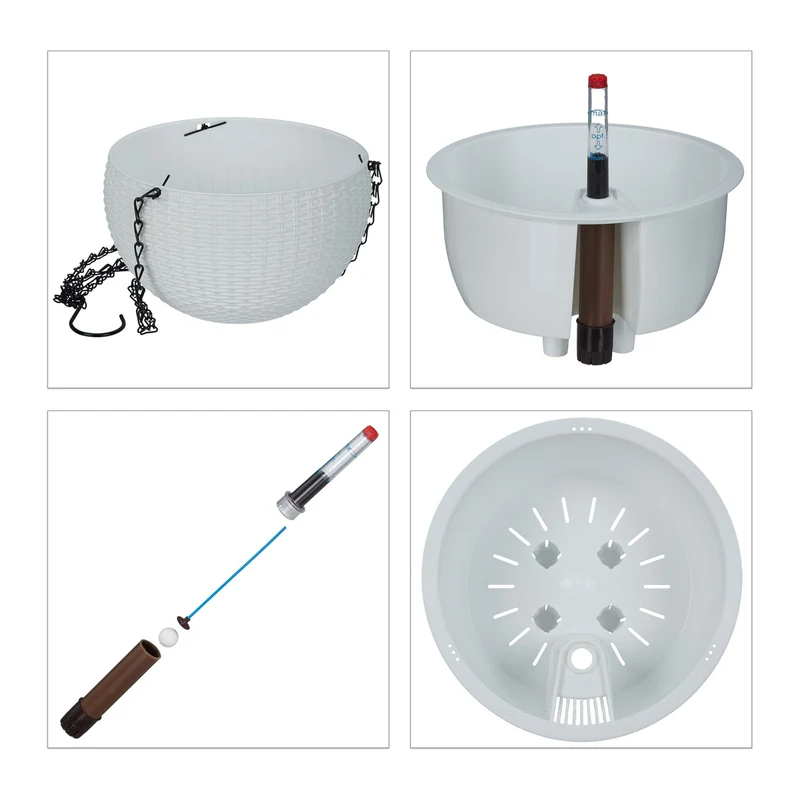 Lot de 2 pots de fleurs suspendus avec indicateur d'eau système d'arrosage automatique 24 x 24 x 20 cm en plastique blanc 13_0014787