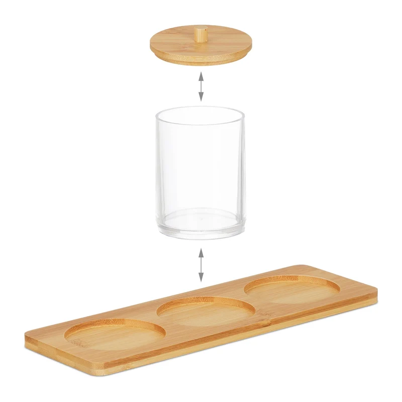 Lot de 3 pots de rangement transparent salle de bain et coiffeuse avec tablette finition moderne en bambou clair 13_0014517