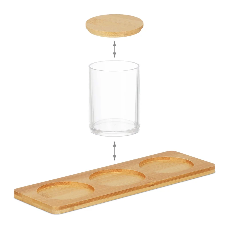 Lot de 3 pots de rangement transparent salle de bain et coiffeuse avec tablette finition moderne en bambou clair 13_0014516