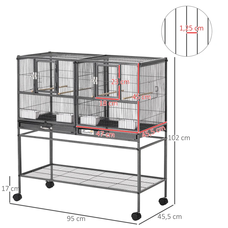 Cage à oiseaux sur pied double 95 x 45,5 x 102 cm séparation amovible et plateau coulissant industriel en métal noir 21_0007563
