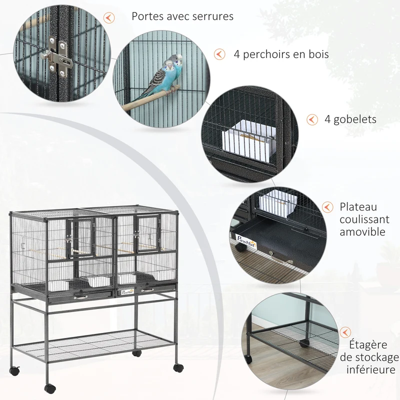 Cage à oiseaux sur pied double 95 x 45,5 x 102 cm séparation amovible et plateau coulissant industriel en métal noir 21_0007563