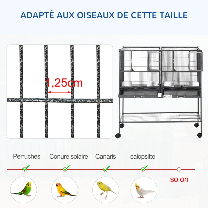Cage à oiseaux sur pied double 95 x 45,5 x 102 cm séparation amovible et plateau coulissant industriel en métal noir 21_0007563