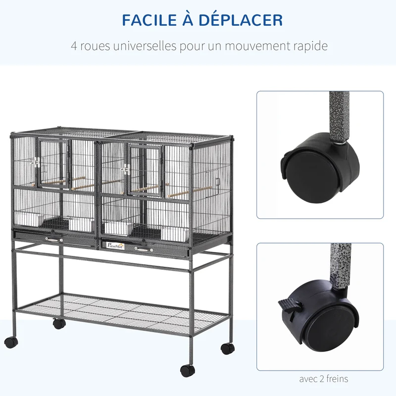 Cage à oiseaux sur pied double 95 x 45,5 x 102 cm séparation amovible et plateau coulissant industriel en métal noir 21_0007563