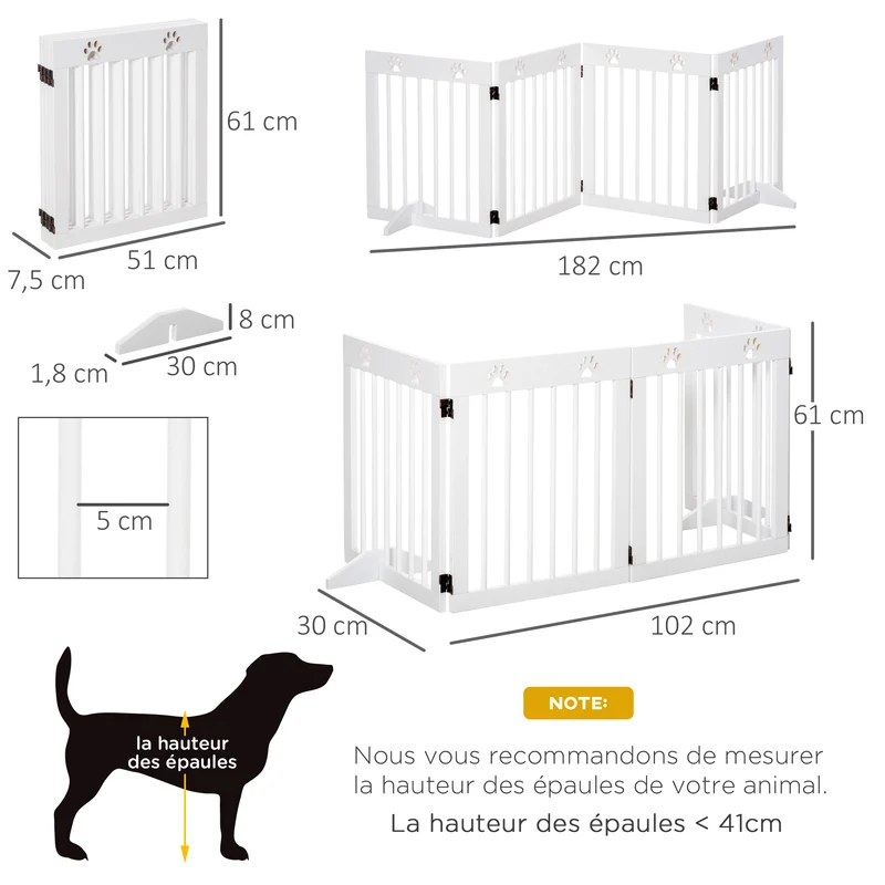 Barrière de sécurité modulable pour animaux 204 x 30 x 61 cm pliable portes escalier scandinave en bois de pin blanc 21_0007404