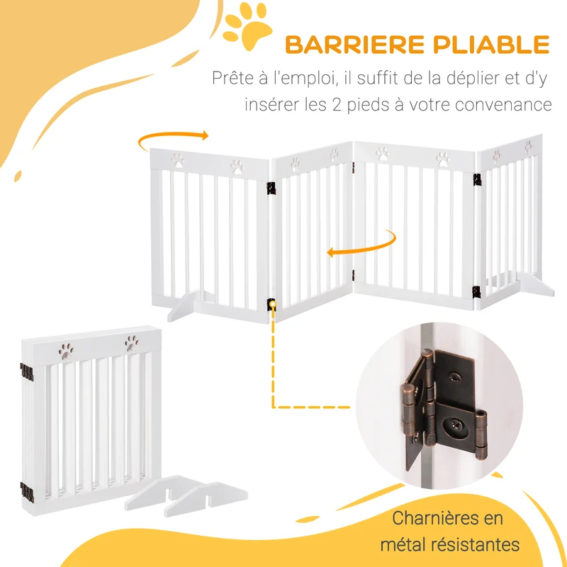 Barrière de sécurité modulable pour animaux 204 x 30 x 61 cm pliable portes escalier scandinave en bois de pin blanc 21_0007404