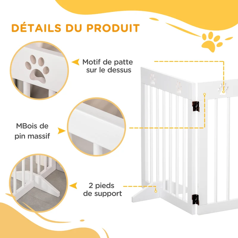 Barrière de sécurité modulable pour animaux 204 x 30 x 61 cm pliable portes escalier scandinave en bois de pin blanc 21_0007404