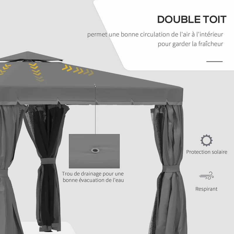 Tonnelle de jardin 296 x 296 x 265 cm anti-insectes montage facile pour salon et jardin moderne en aluminium gris foncé 21_0004788