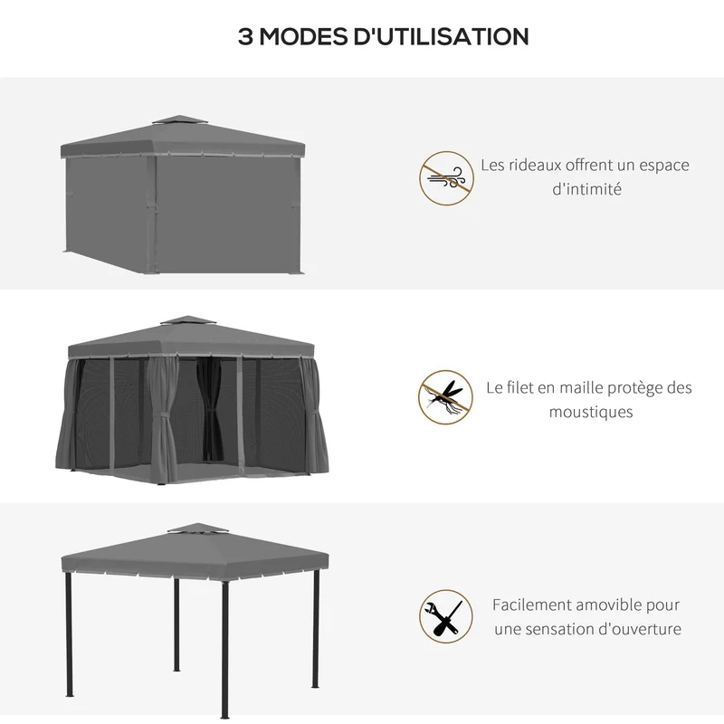 Tonnelle de jardin 296 x 296 x 265 cm anti-insectes montage facile pour salon et jardin moderne en aluminium gris foncé 21_0004788