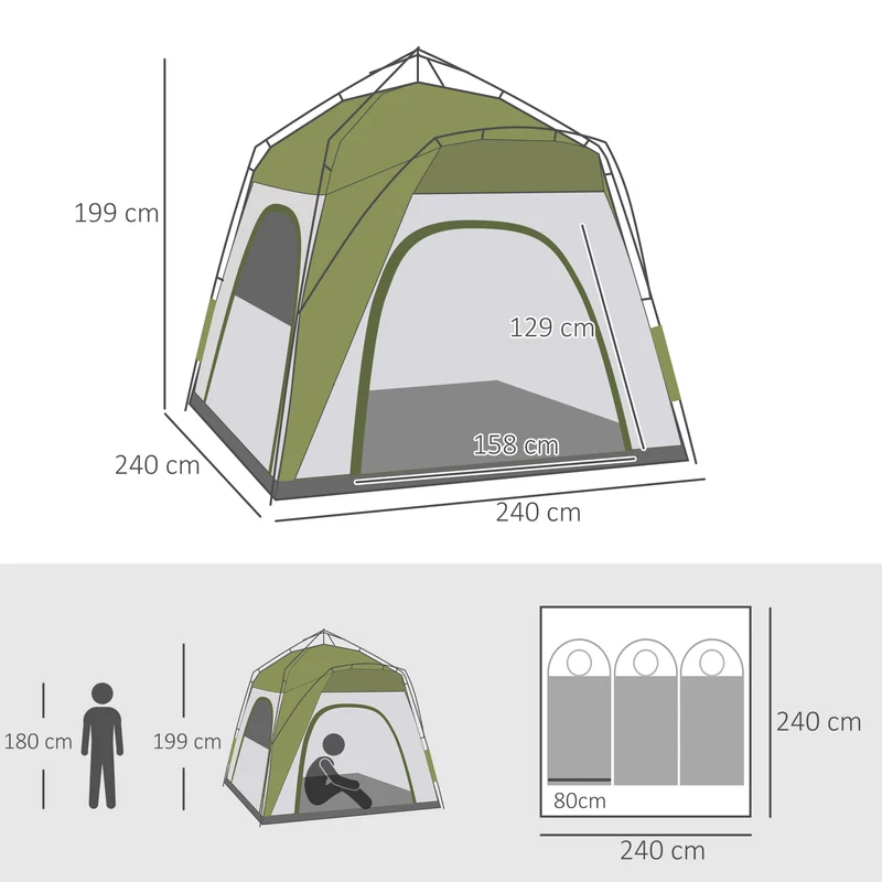 Tente camping dôme familiale montage rapide 240 x 240 x 199 cm 3 places ventilation anti uv moderne en polyester vert 21_0006433
