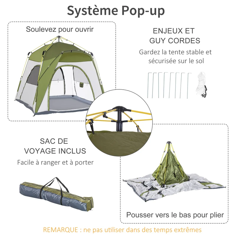 Tente camping dôme familiale montage rapide 240 x 240 x 199 cm 3 places ventilation anti uv moderne en polyester vert 21_0006433