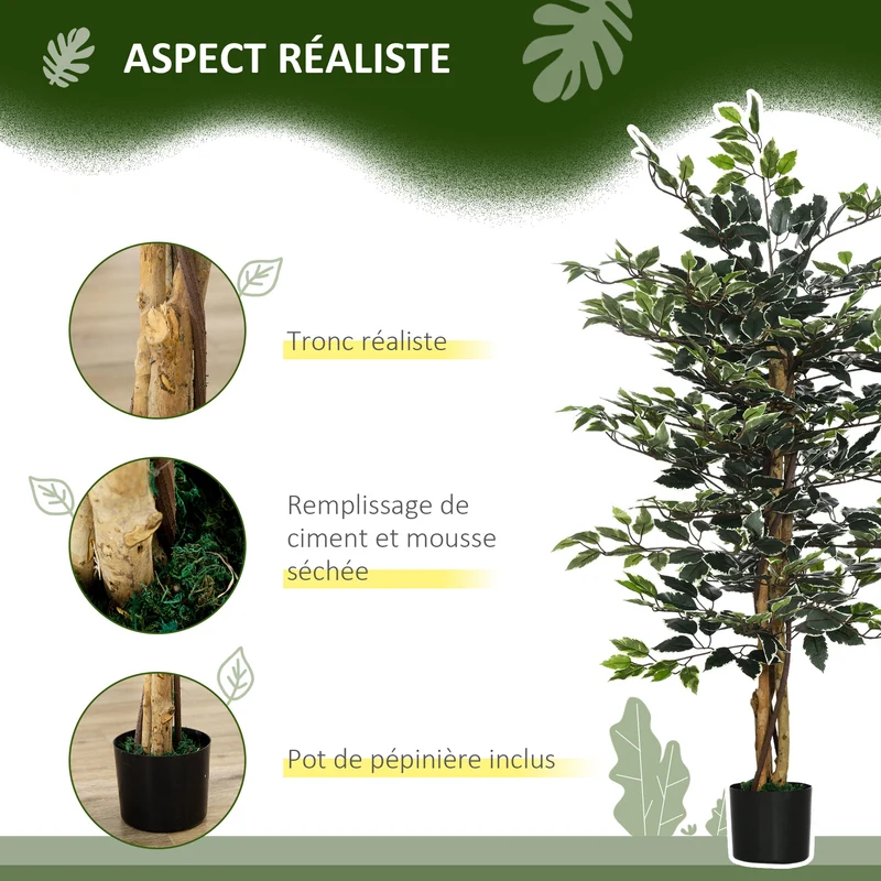 Plante artificielle ficus salon 15 x 15 x 130 cm feuillage dense grand réalisme style contemporain en polyéthylène vert 21_0001257