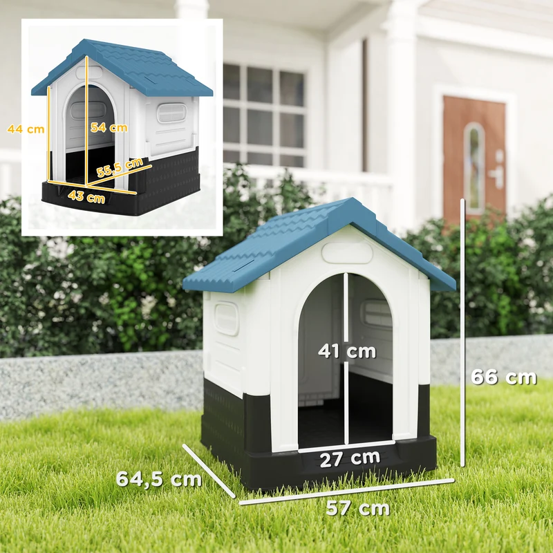 Niche pour petits et moyens chiens forme maison 64.5 x 57 x 66 cm résistante intempéries ventilée rustique en PP bleu 21_0007301
