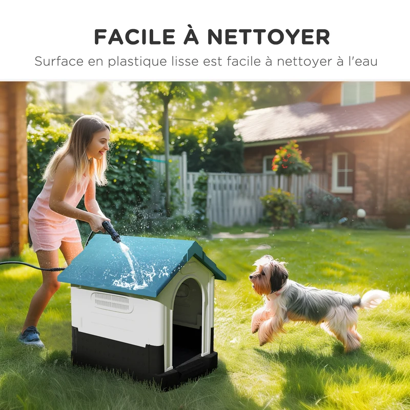 Niche pour petits et moyens chiens forme maison 64.5 x 57 x 66 cm résistante intempéries ventilée rustique en PP bleu 21_0007301