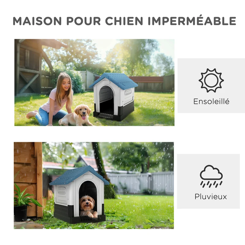 Niche pour petits et moyens chiens forme maison 64.5 x 57 x 66 cm résistante intempéries ventilée rustique en PP bleu 21_0007301
