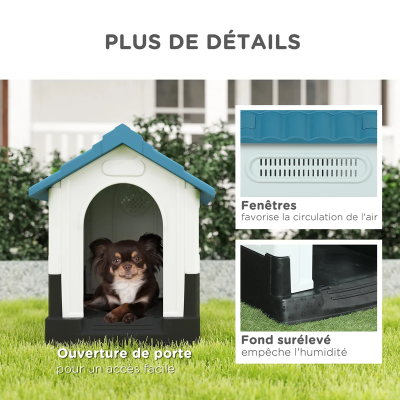 Niche pour petits et moyens chiens forme maison 64.5 x 57 x 66 cm résistante intempéries ventilée rustique en PP bleu 21_0007301
