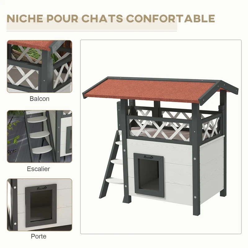 Maison pour chats surélevée extérieure 77 x 50 x 73 cm abri étanche terrasse idéal jardin style scandinave en bois blanc 21_0007616