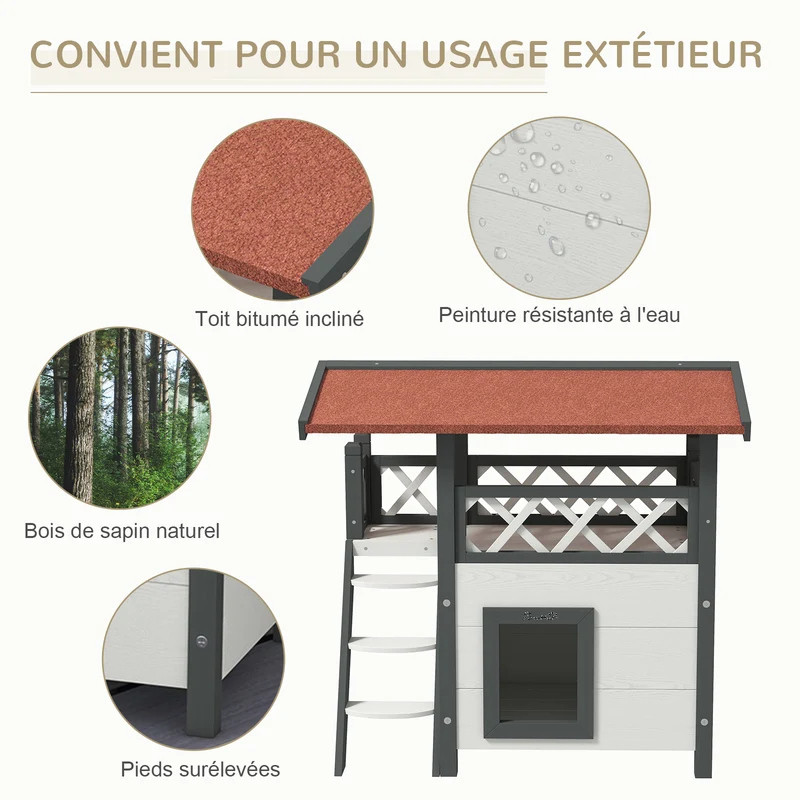 Maison pour chats surélevée extérieure 77 x 50 x 73 cm abri étanche terrasse idéal jardin style scandinave en bois blanc 21_0007616