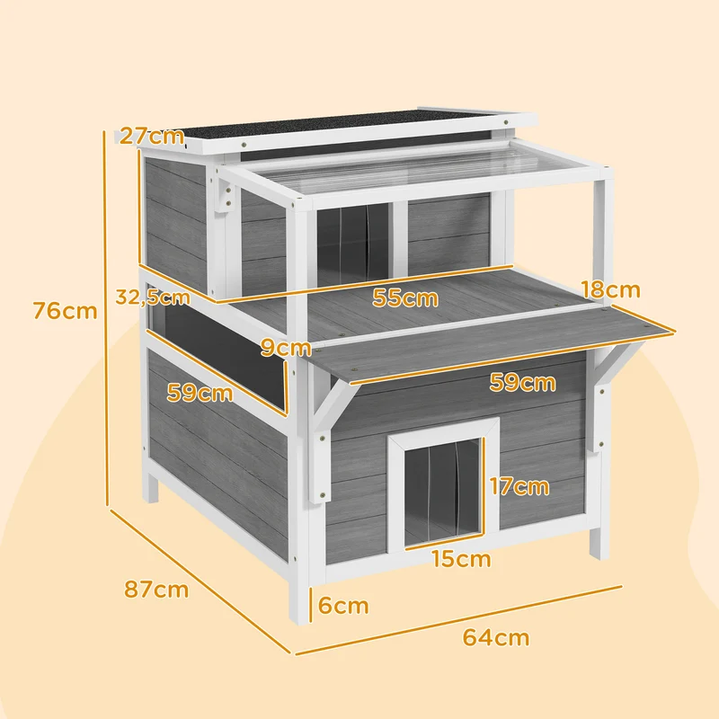 Maison pour chats intérieur extérieur 64 x 87 x 76 cm abri étanche 2 étages balcon protégé scandinave en bois gris clair 21_0007731