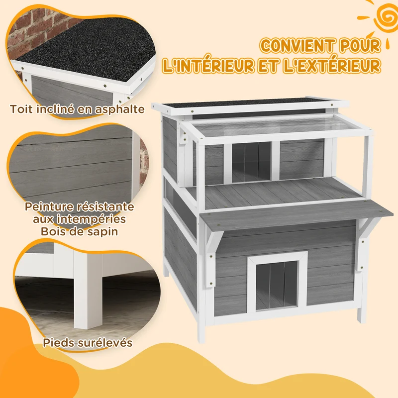 Maison pour chats intérieur extérieur 64 x 87 x 76 cm abri étanche 2 étages balcon protégé scandinave en bois gris clair 21_0007731