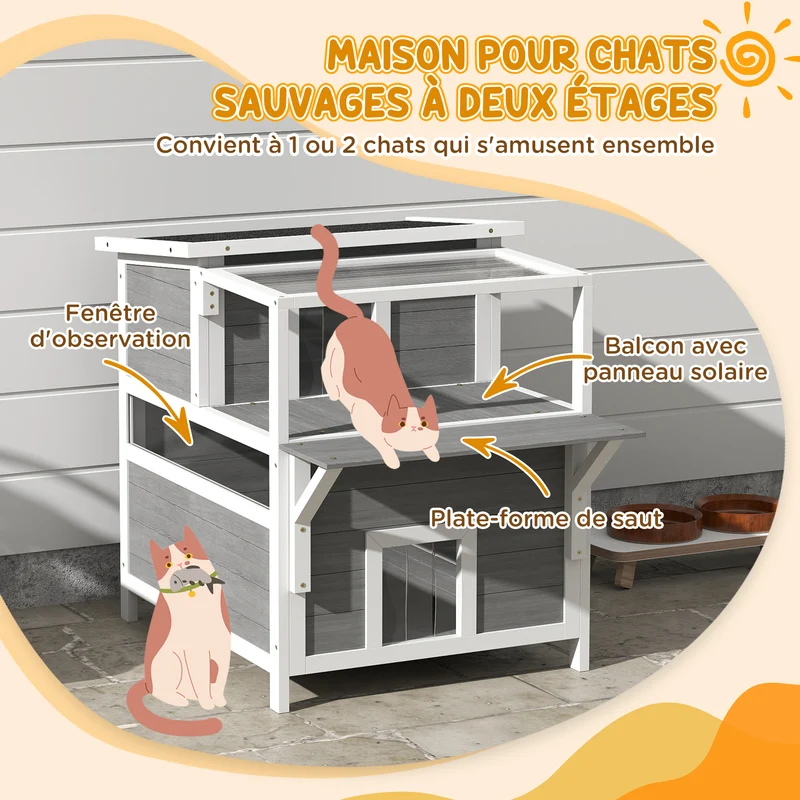 Maison pour chats intérieur extérieur 64 x 87 x 76 cm abri étanche 2 étages balcon protégé scandinave en bois gris clair 21_0007731