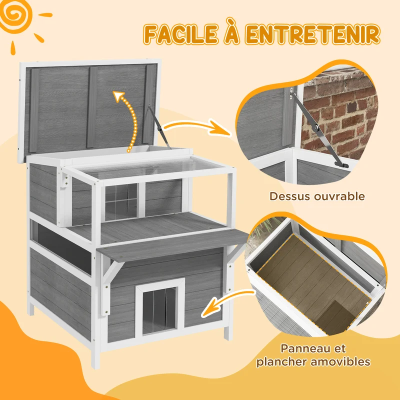 Maison pour chats intérieur extérieur 64 x 87 x 76 cm abri étanche 2 étages balcon protégé scandinave en bois gris clair 21_0007731