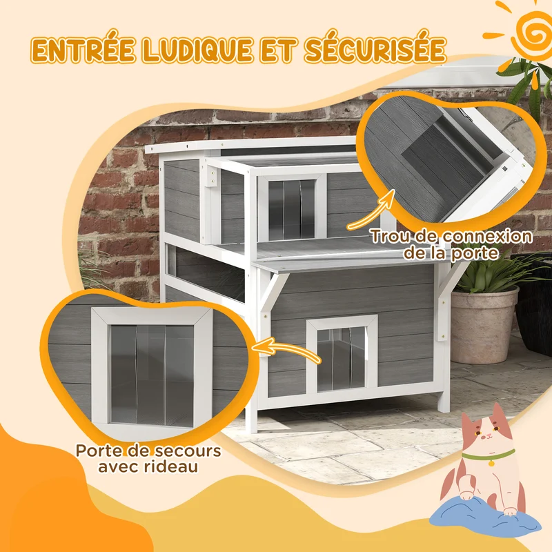 Maison pour chats intérieur extérieur 64 x 87 x 76 cm abri étanche 2 étages balcon protégé scandinave en bois gris clair 21_0007731