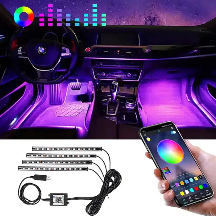 Bande LED d'Ambiance Voiture 48 LEDs Port USB Contrôle APP