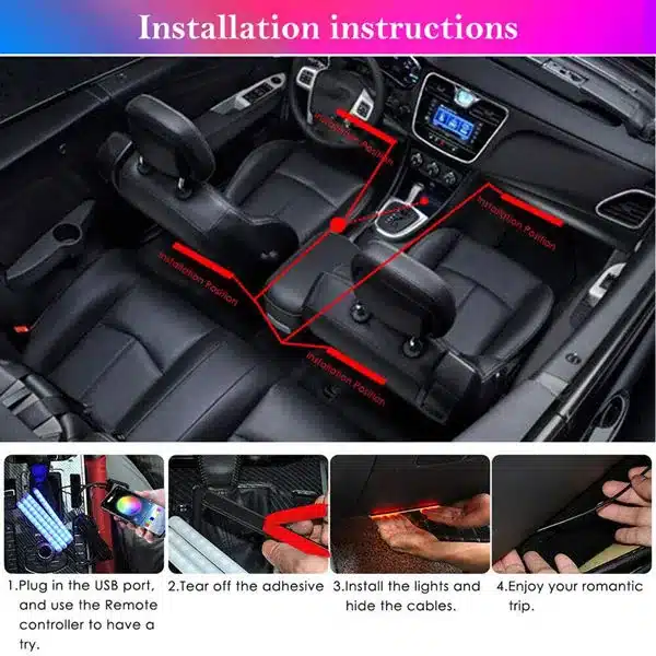 Bande LED d'Ambiance Voiture 48 LEDs Port USB Contrôle APP