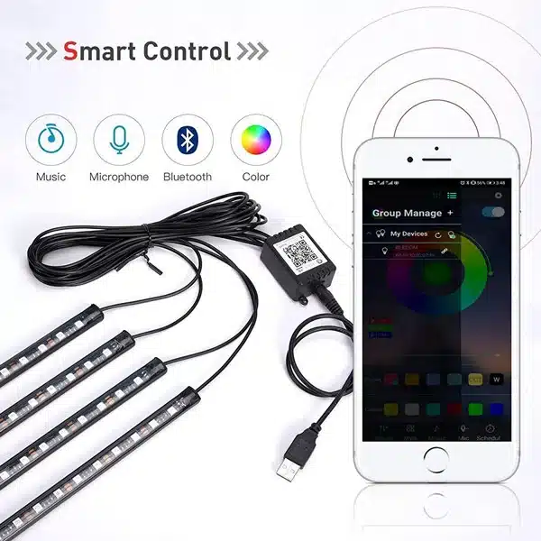 Bande LED d'Ambiance Voiture 48 LEDs Port USB Contrôle APP