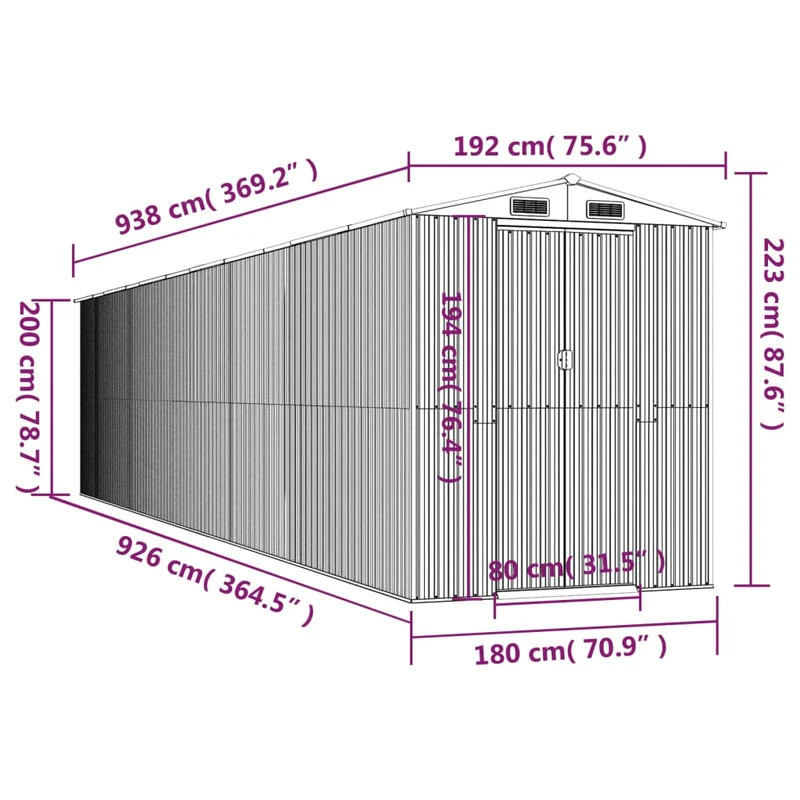 Abri de jardin cabane cabanon maison de stockage remise extérieur hangar outils robuste clair 192 x 938 x 223 cm acier galvanisé gris 02_0022264