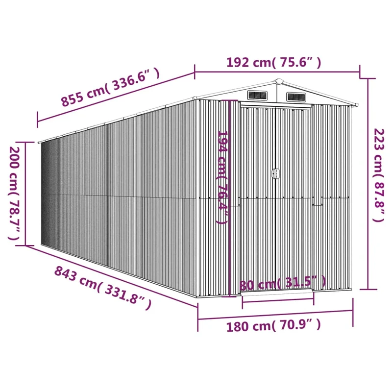 Abri de jardin cabane cabanon maison de stockage remise extérieur hangar outils robuste clair 192 x 855 x 223 cm acier galvanisé gris 02_0022263